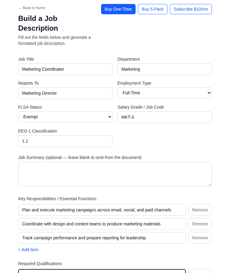The intake form, partly filled out with a Marketing Coordinator example